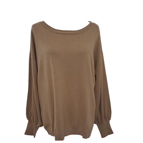 New York & Company Women's Tan Knit Sweater Top Sparkle Balloon Sleeves Sz XL - Picture 3 of 9